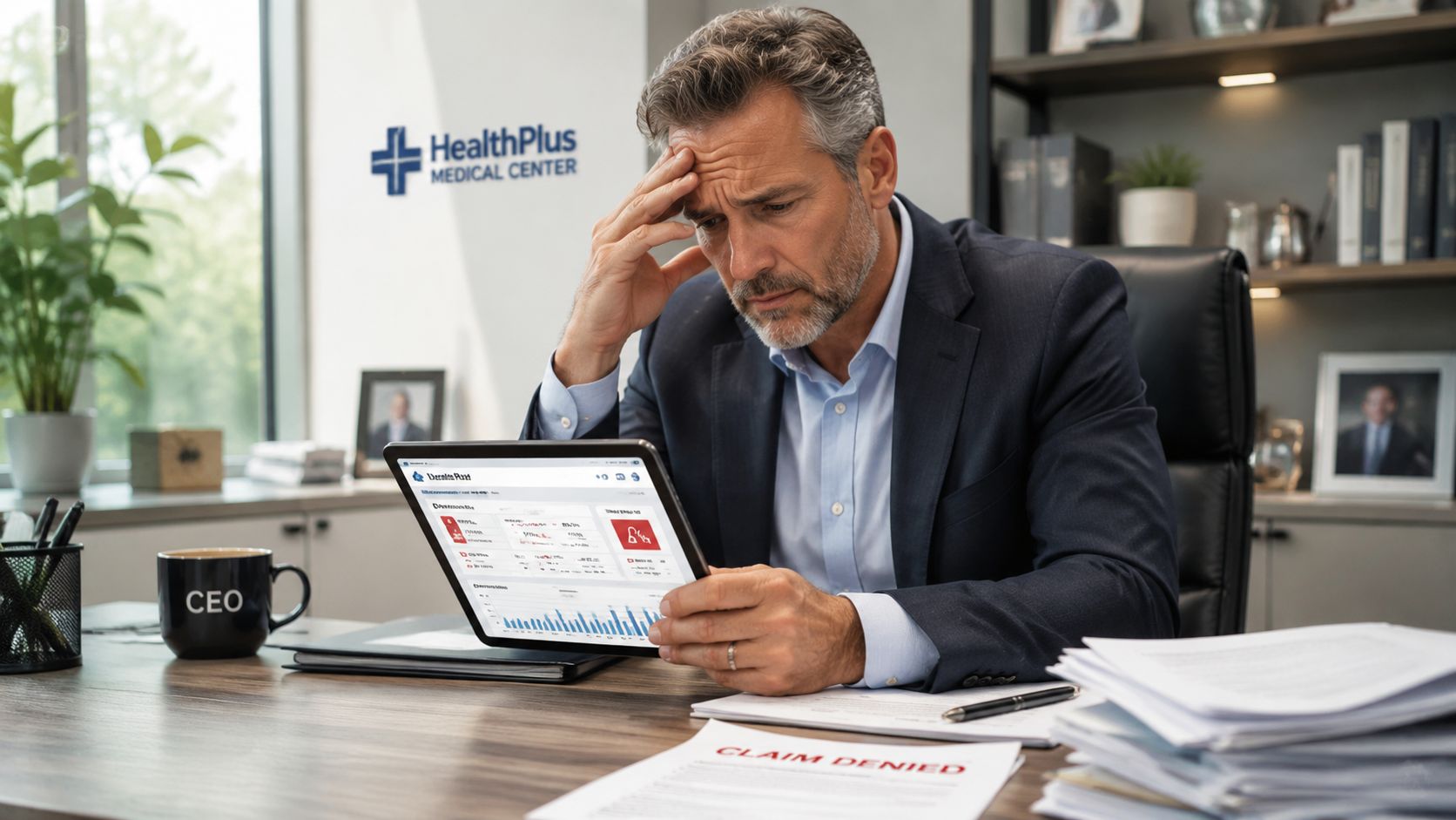 Stressed CEO in an office looking at a tablet showing a claim denied notice for healthcare services.
