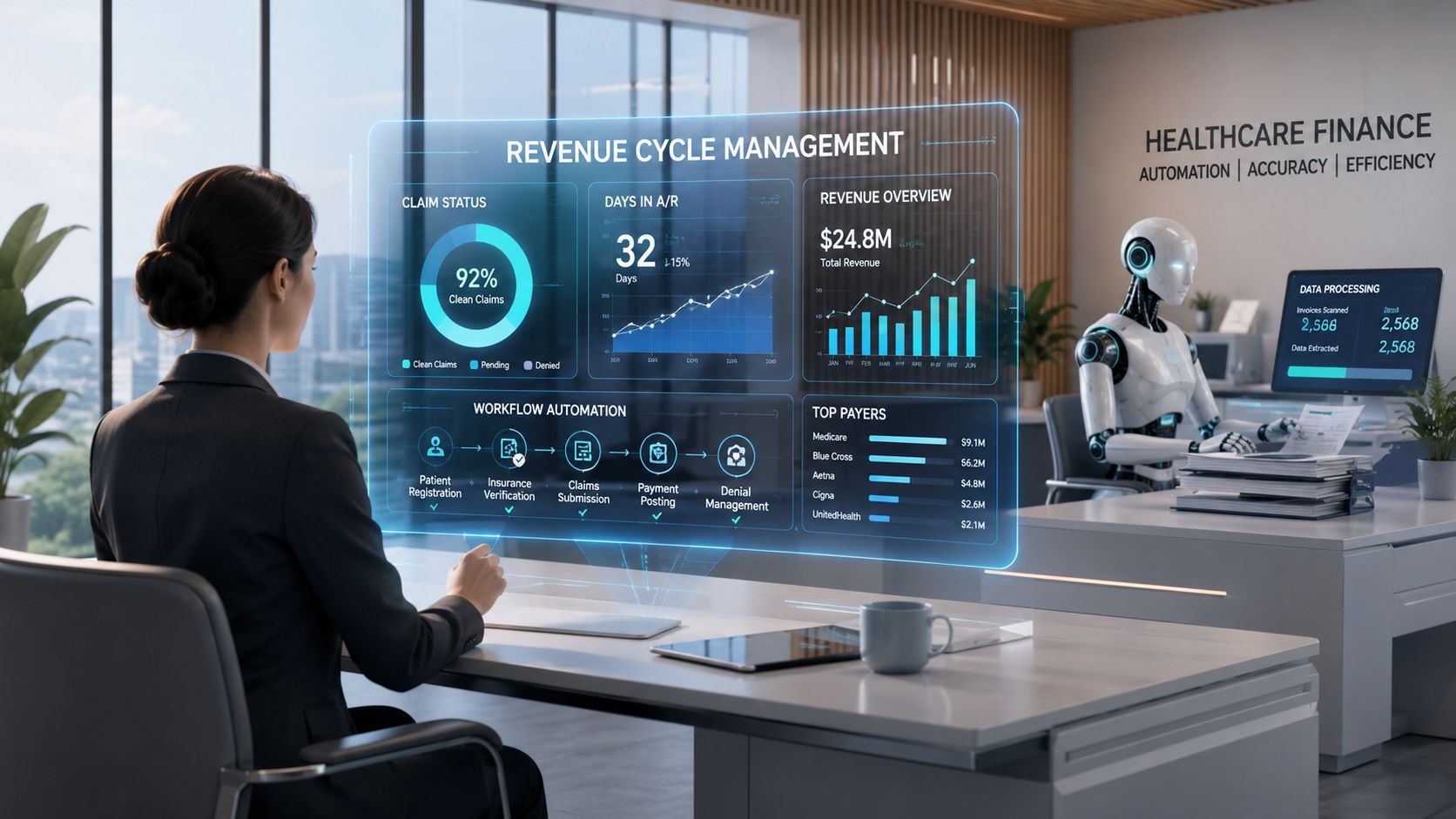 A professional woman uses a digital dashboard for healthcare revenue cycle management alongside an automated office robot.