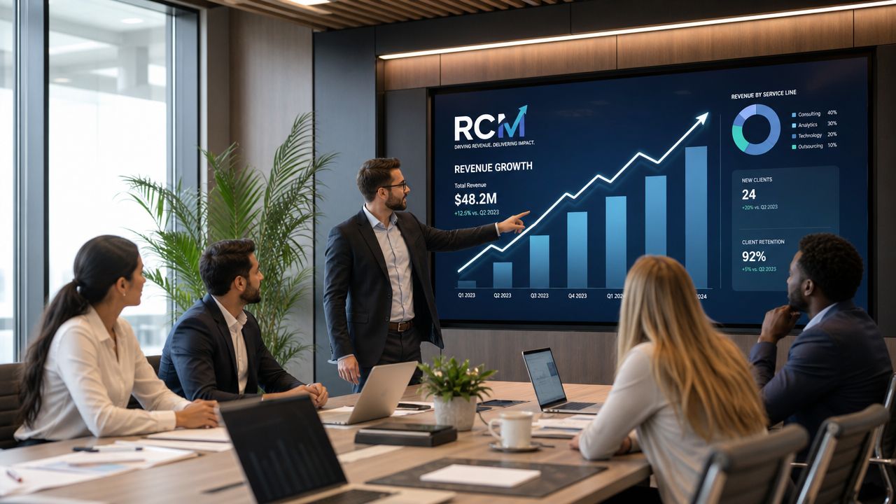 A professional team in a conference room reviewing financial revenue growth charts on a large screen.