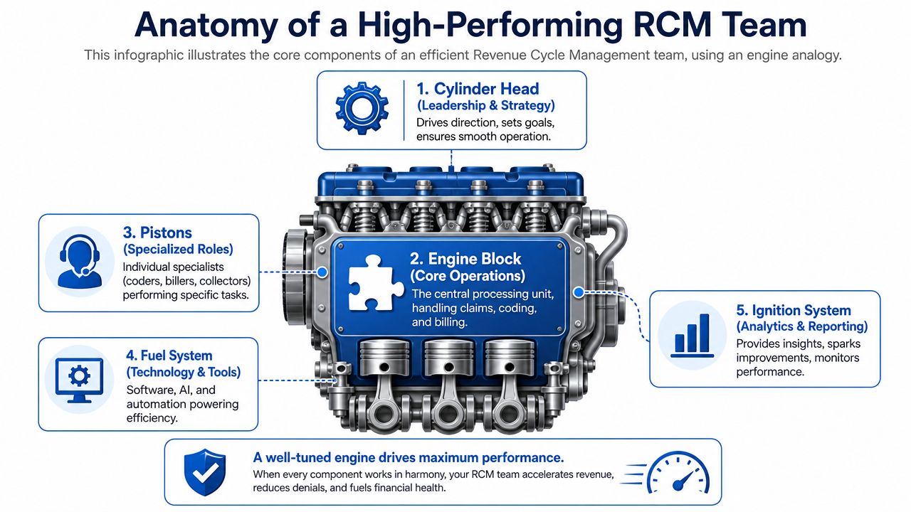 An infographic showing the anatomy of a high-performing revenue cycle management team using an engine analogy.