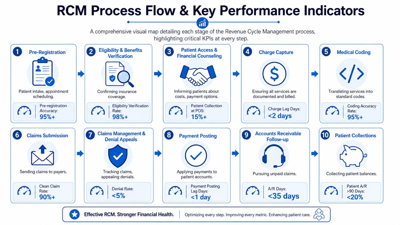 A visual flow chart detailing the ten stages of Revenue Cycle Management and their associated performance metrics.