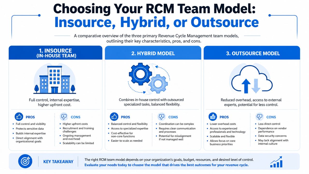 A comparative infographic explaining the differences between insourced, hybrid, and outsourced revenue cycle management team models.