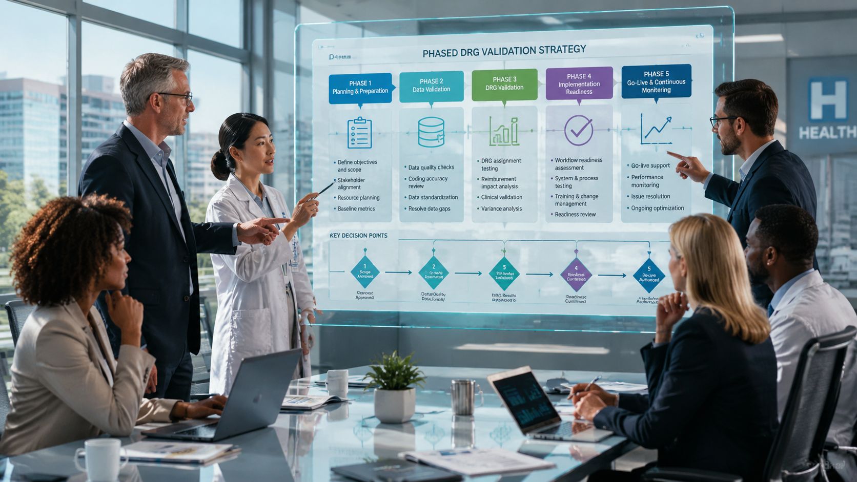 A diverse team of professionals collaboratively discussing a phased DRG validation strategy displayed on a glass board.