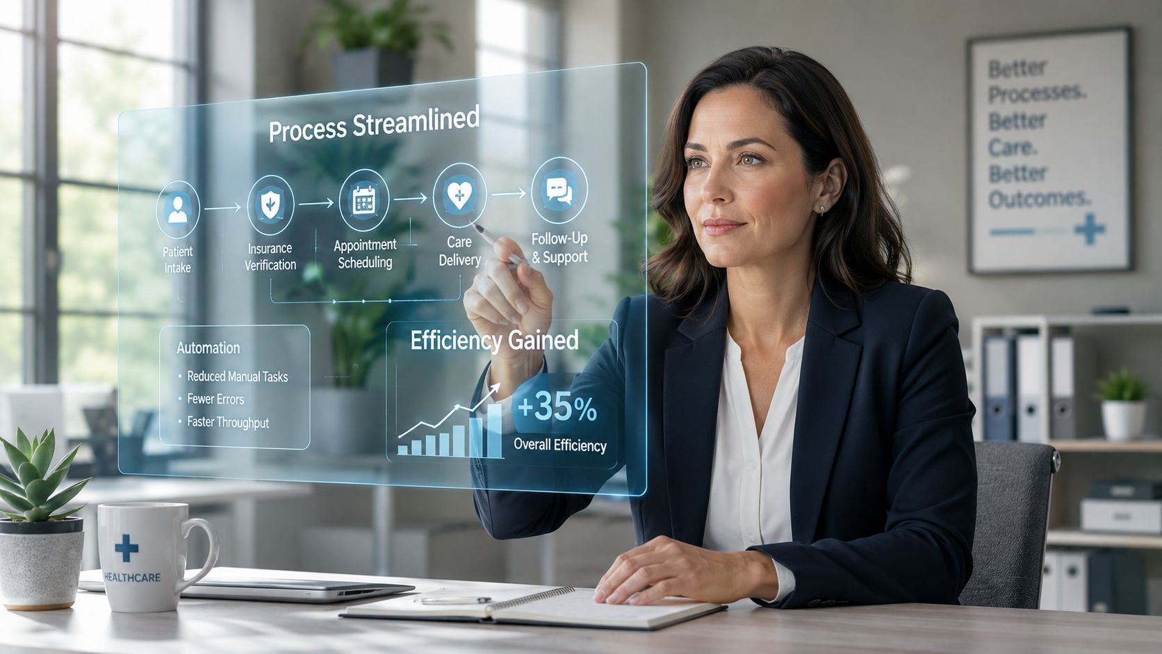 A professional woman interacting with a digital interface showcasing streamlined healthcare revenue cycle management and efficiency gains.