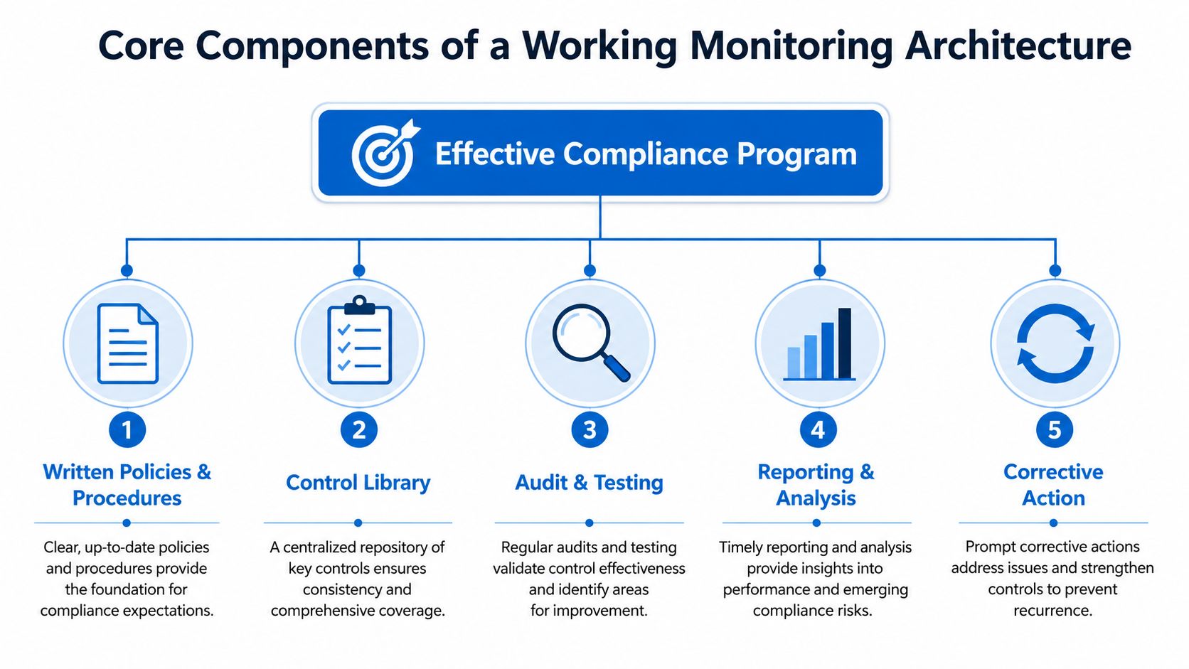 A diagram outlining the five core components of an effective compliance monitoring and risk management program.
