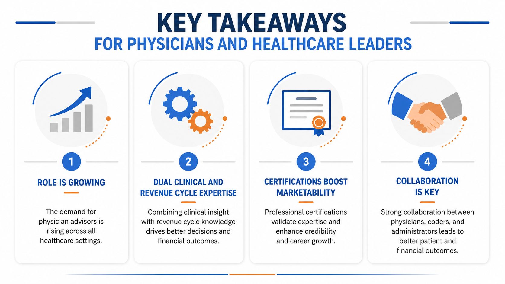 A professional infographic titled Key Takeaways for Physicians and Healthcare Leaders highlighting four essential career development steps.